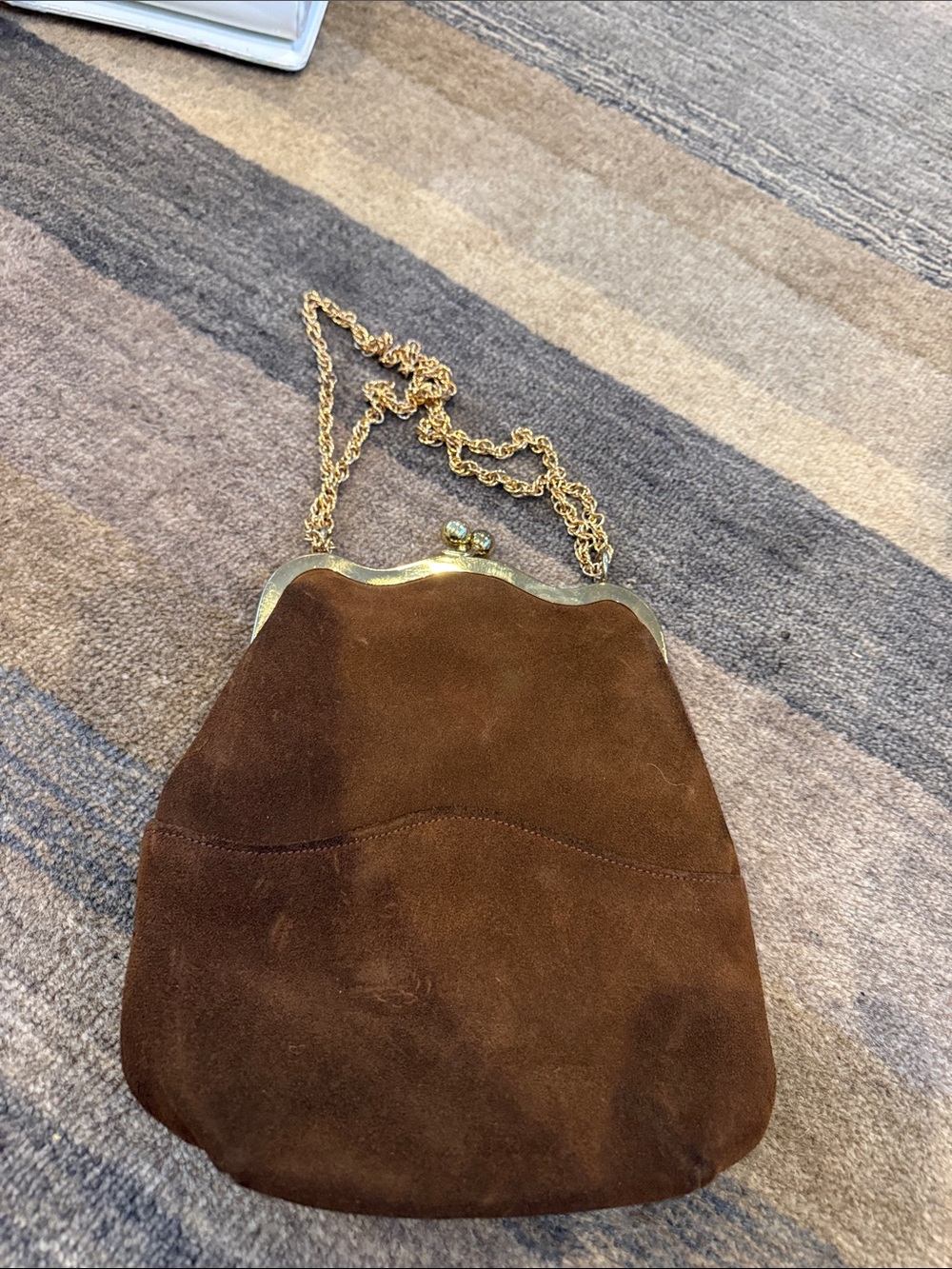 Brown Suede Frame-Top Chain Clutch